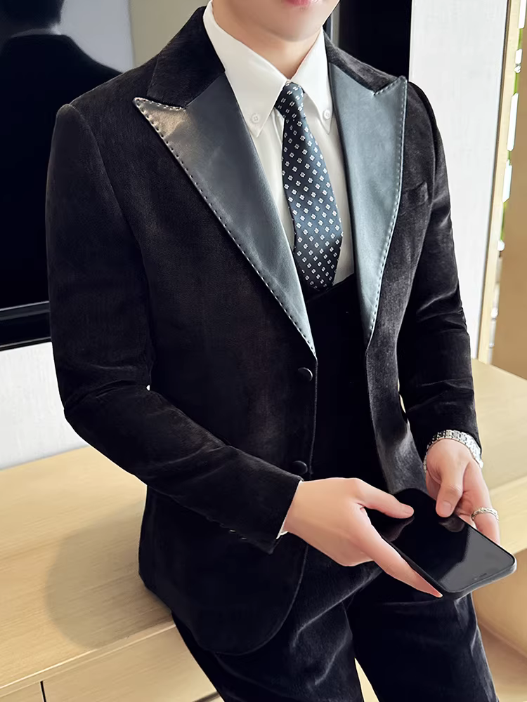 Bộ đồ nam phối da chenille, kiểu dáng mới thu đông, cao cấp, thời trang công sở lịch lãm, dáng ôm.