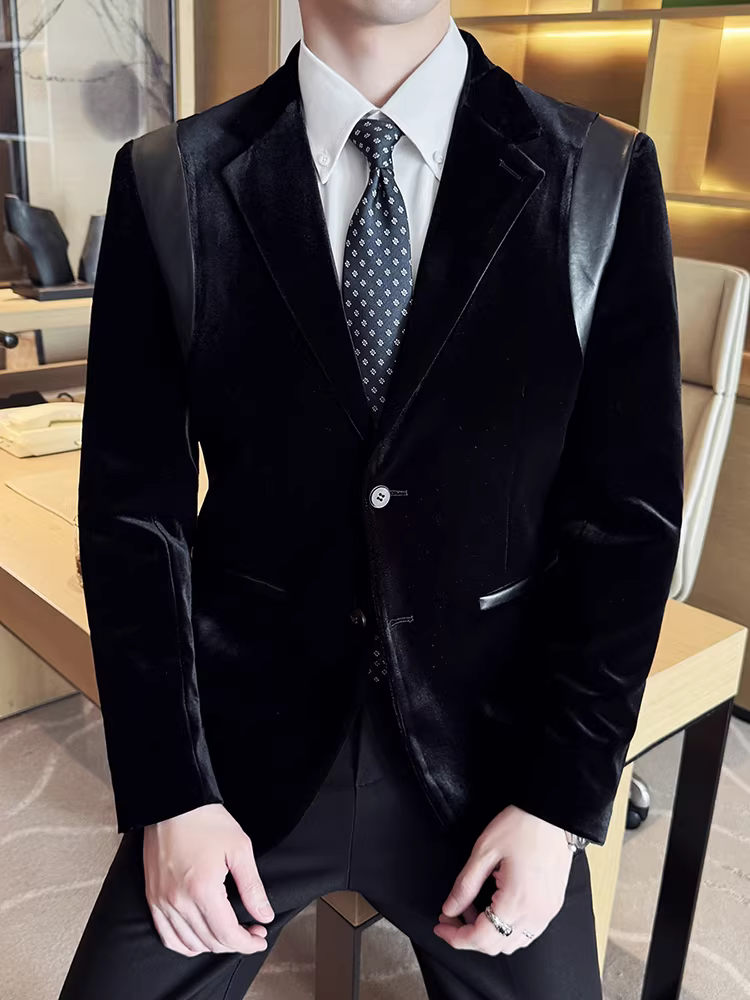 Áo blazer nam chất liệu nhung mercerized phối da, kiểu dáng mới xuân 2025, cao cấp, ôm dáng, thời trang, đơn hàng khuy.
