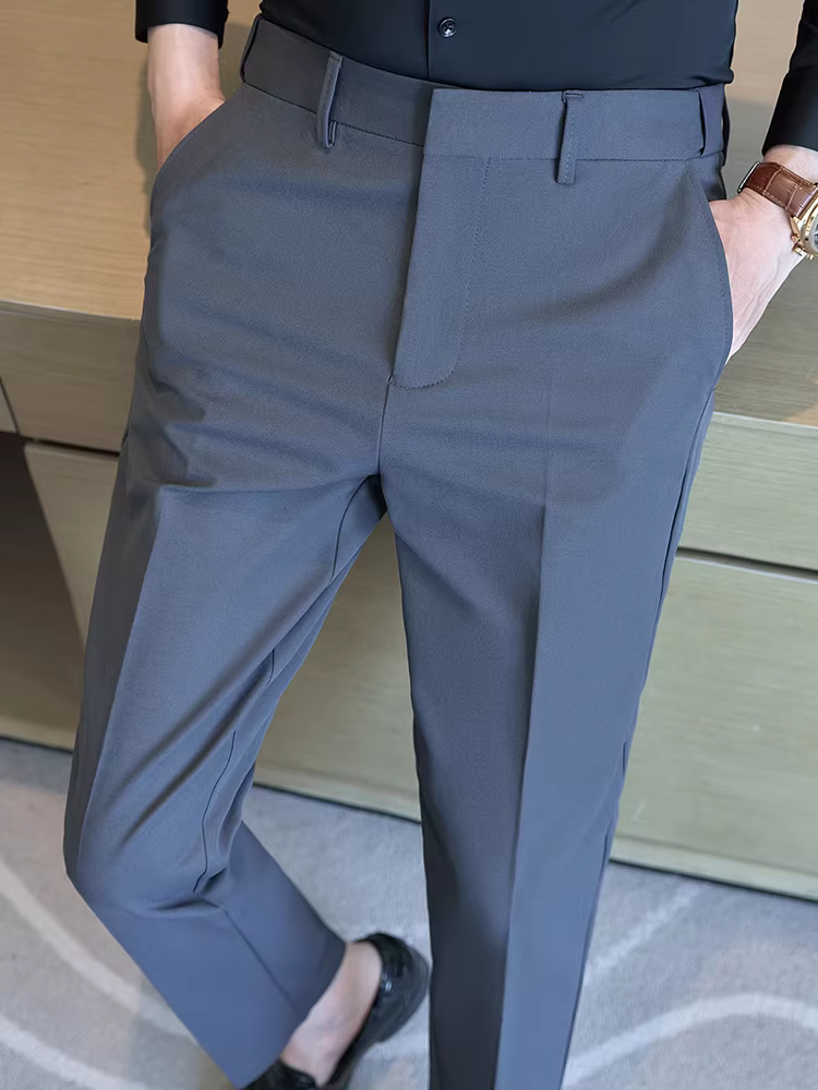 Quần âu nam chất liệu thun co giãn không lộ, kiểu dáng xuông, dễ chăm sóc, ôm dáng, dài, mới năm 2025.