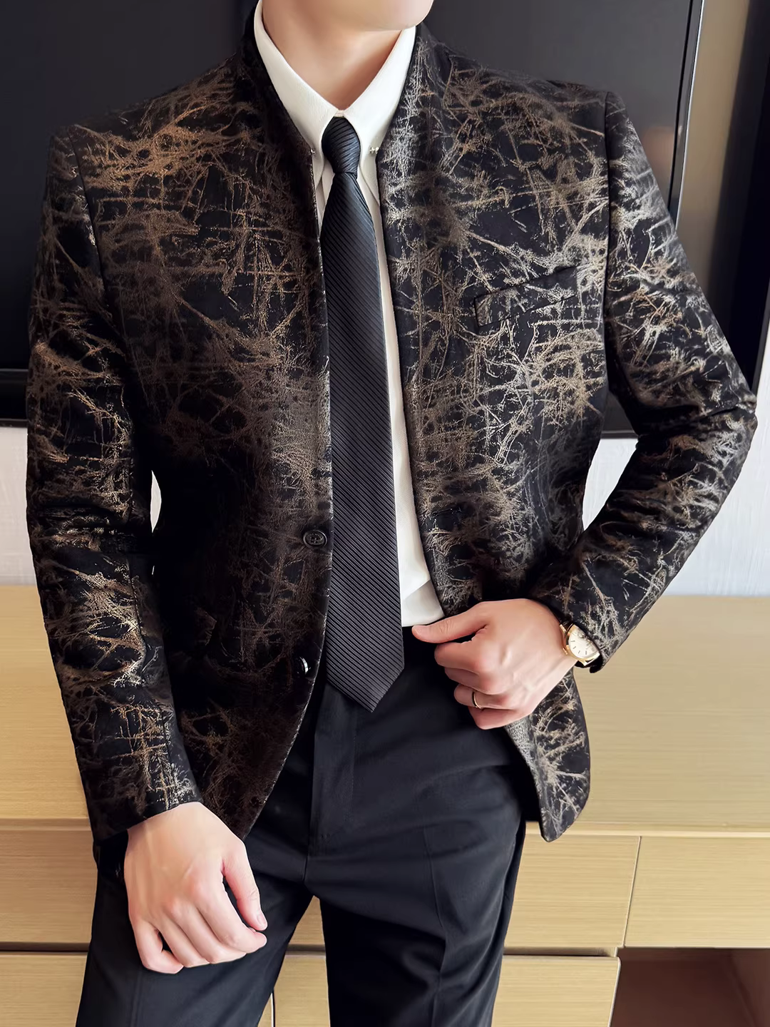 Áo vest nam kiểu Hàn Quốc ôm dáng, cổ đứng kiểu Trung Hoa, chất liệu jacquard thời trang, phong cách thường ngày