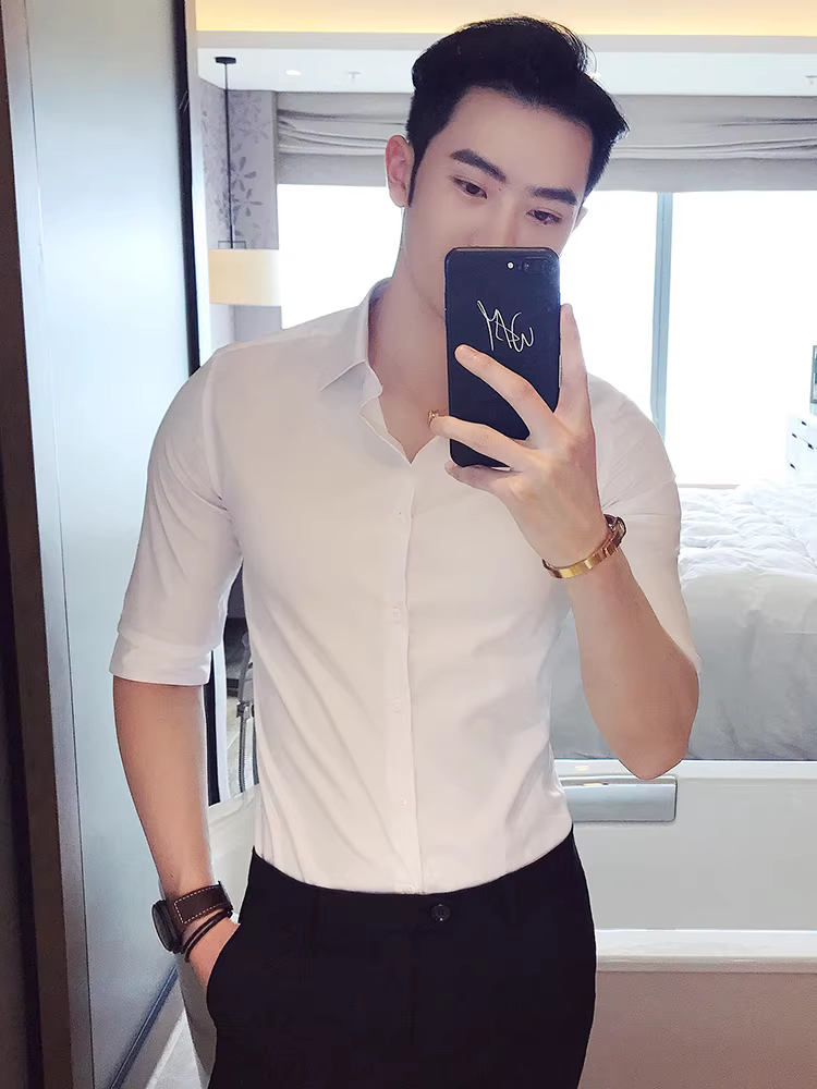 Áo sơ mi nam tay ba phần, áo sơ mi trắng mỏng thường ngày mùa hè, áo sơ mi ngắn tay ôm dáng đẹp trai phong cách Hàn Quốc