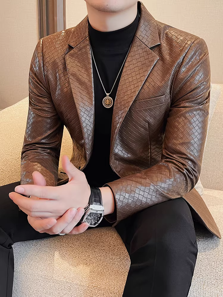 Áo khoác da nam kẻ sọc dệt, dáng ôm, phong cách, cao cấp, lịch sự, đa năng, sang trọng nhẹ nhàng, vest cao cấp