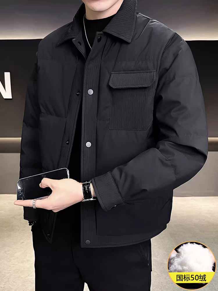 Áo khoác phao nhẹ cổ áo sơ mi phối chất lượng cao dành cho nam, kiểu mới mùa đông 2025, đa năng, nhẹ, ấm, kiểu ngắn.
