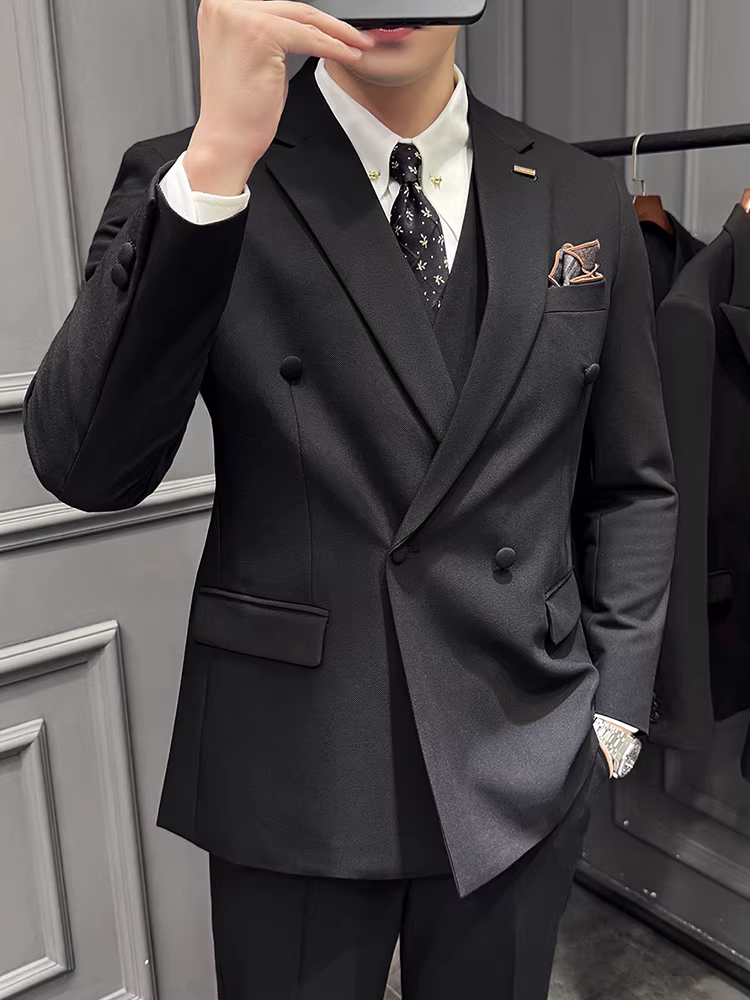 Bộ vest nam hai hàng khuy, chất lượng cao, mềm mại và bay bổng, kiểu dáng ôm sát, trang phục công sở lịch sự, vest cưới, bộ ba món