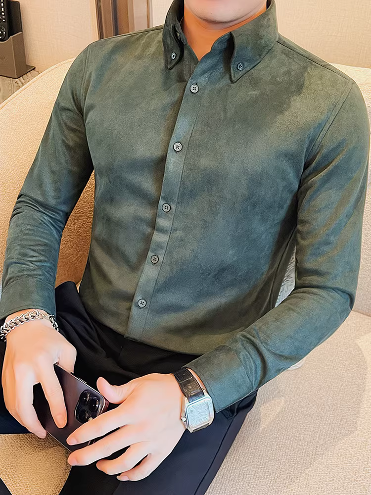 Áo sơ mi da lộn dày cho nam, áo sơ mi dài tay công sở mùa thu đông mới, áo sơ mi thời trang dáng ôm phong cách Hàn Quốc.