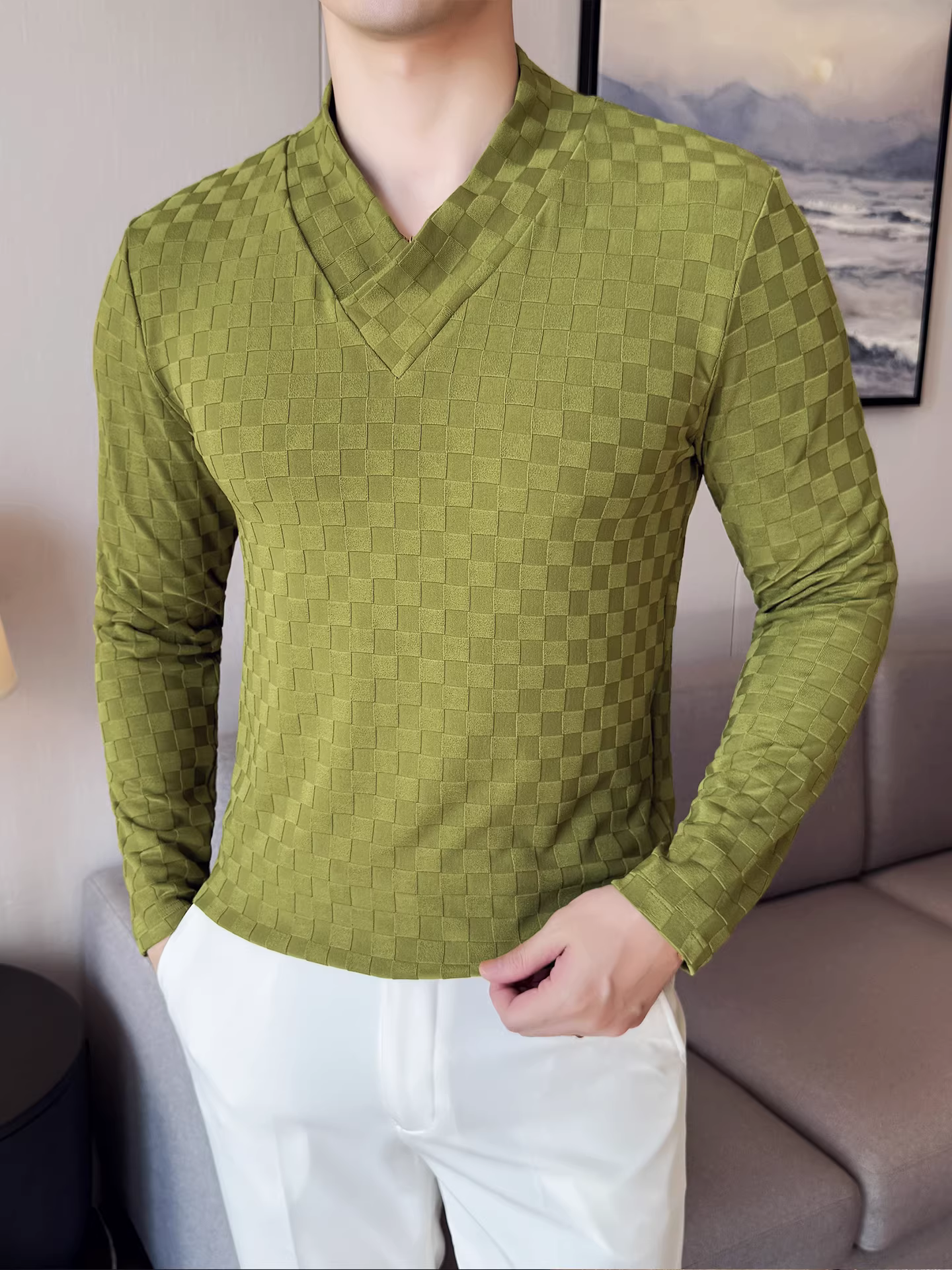 Áo thun dài tay cổ chữ V dành cho nam, thời trang thu đông mới, áo sơ mi kẻ sọc đa năng, kiểu dáng ôm sát, thời trang, đa năng