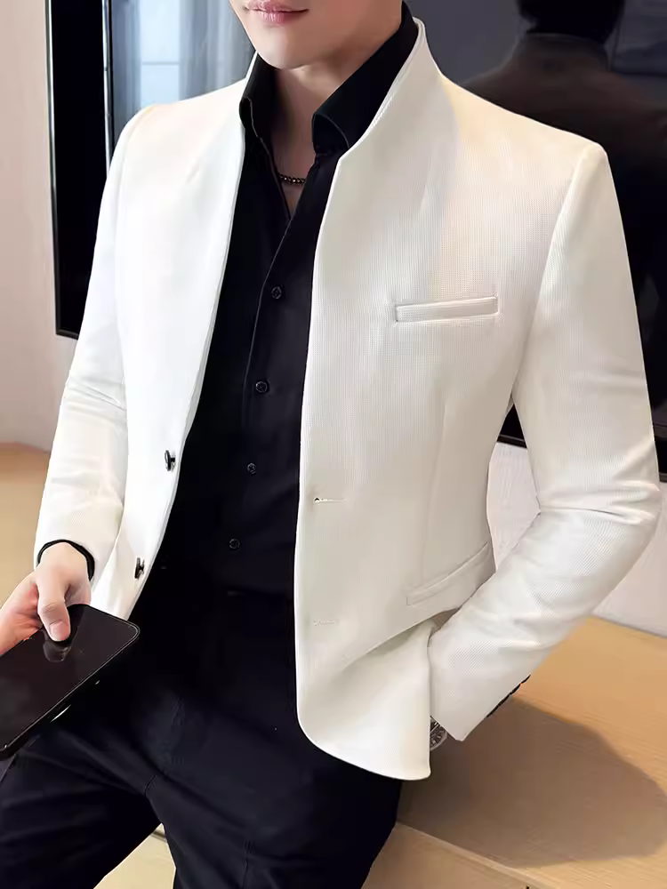 Áo blazer nam chất liệu vải waffle kiểu dáng cổ đứng phong cách Trung Hoa mới, áo vest công sở cao cấp, đa năng, kiểu dáng ôm body.