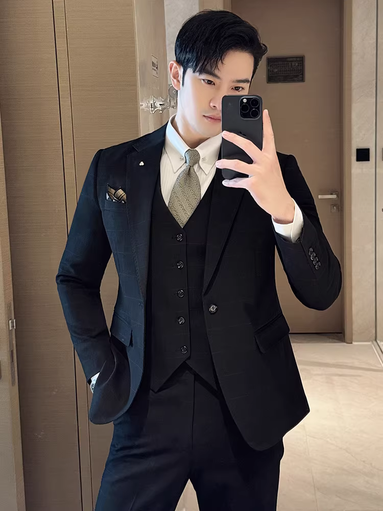 Bộ vest kẻ ca rô cao cấp dành cho nam, thời trang, ôm dáng, lịch lãm, phù hợp với trang phục công sở, bộ ba món dễ chăm sóc