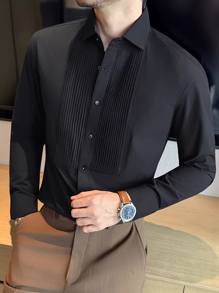 Áo sơ mi nam xếp ly, tay dài, chất lượng cao, trang phục công sở lịch sự, dễ chăm sóc, chống nhăn, áo chủ nhà tiệc cưới