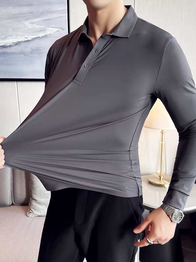 Áo thun nam dài tay liền mạch, co giãn cao, thích hợp cho mùa xuân và mùa thu, mang lại cảm giác cao cấp, kiểu dáng ôm sát thời thượng, cổ polo.