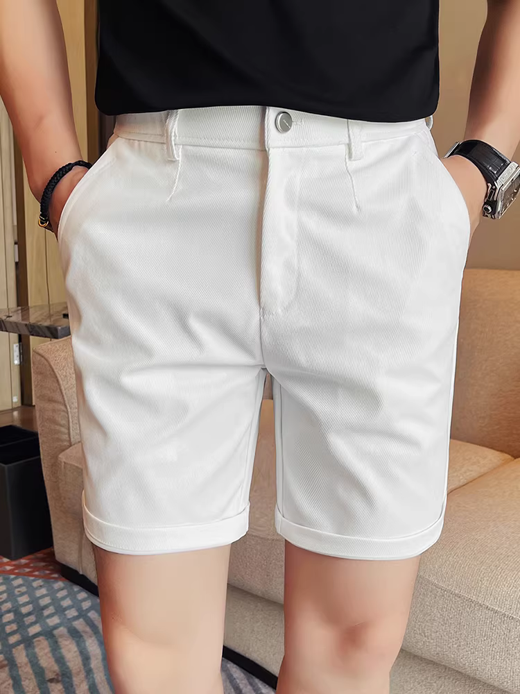 Quần short nam lưng thun bán co giãn, chất liệu mỏng màu trơn đa năng thời trang cao cấp dáng thẳng dài đến đầu gối mùa hè
