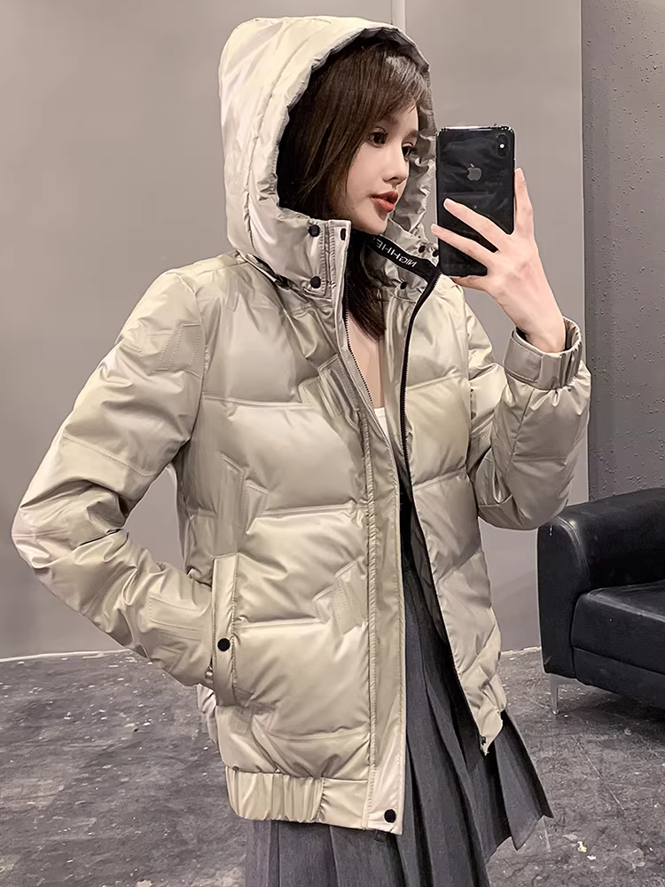 Áo khoác nam bóng mượt mùa đông 2025 thời trang mới, kiểu dáng ngắn, đa năng, nhẹ, ấm, có mũ