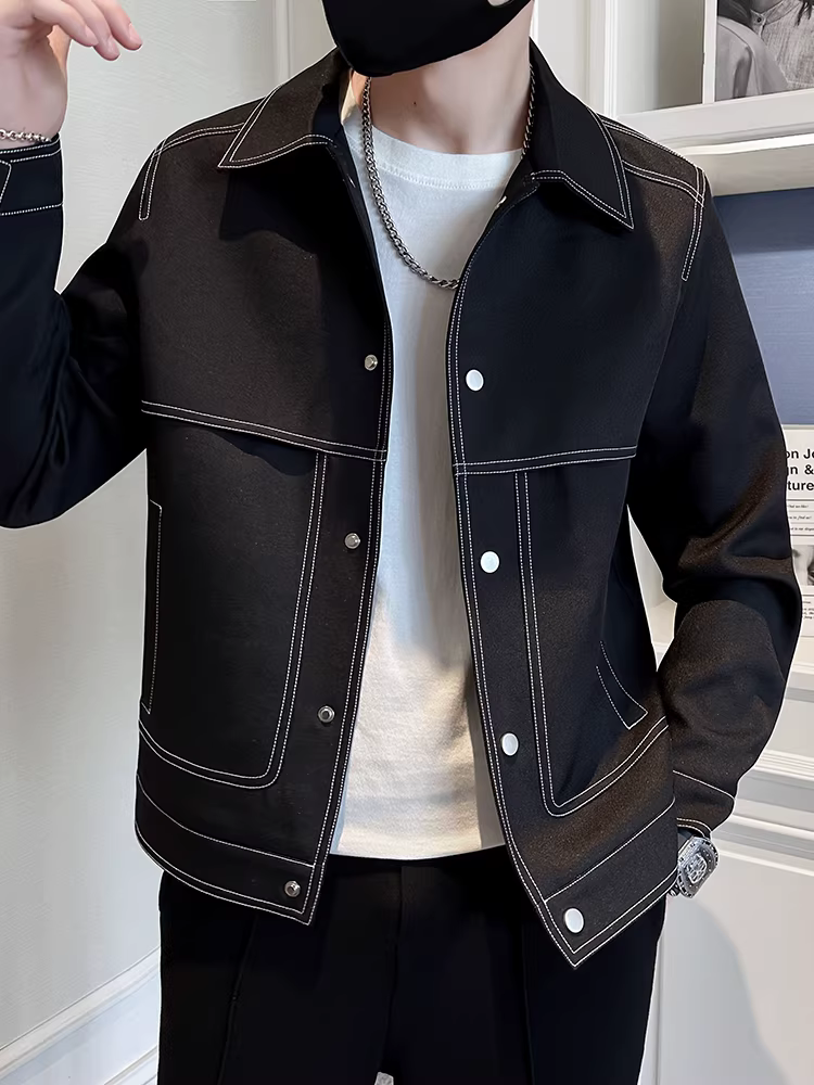 Áo khoác denim nam có đường khâu lộ ra, kiểu dáng Hàn Quốc hợp thời trang xuân thu mới, áo khoác ngắn cổ điển cao cấp thời trang