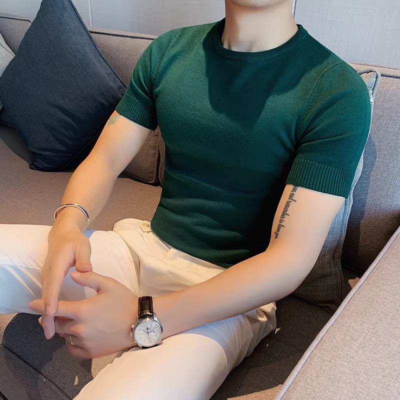 Áo len nam cổ tròn tay ngắn kiểu xuân thu, ôm body, phong cách Hàn Quốc thời thượng, chất liệu len đá mát, áo thun nửa tay mặc lót