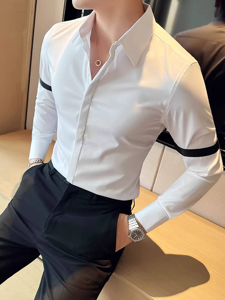 Áo sơ mi nam cao cấp, kiểu dáng xuân thu mới, thiết kế tinh tế, phong cách, ôm dáng, khuy giấu, phong cách người nổi tiếng mạng, áo sơ mi thường ngày.