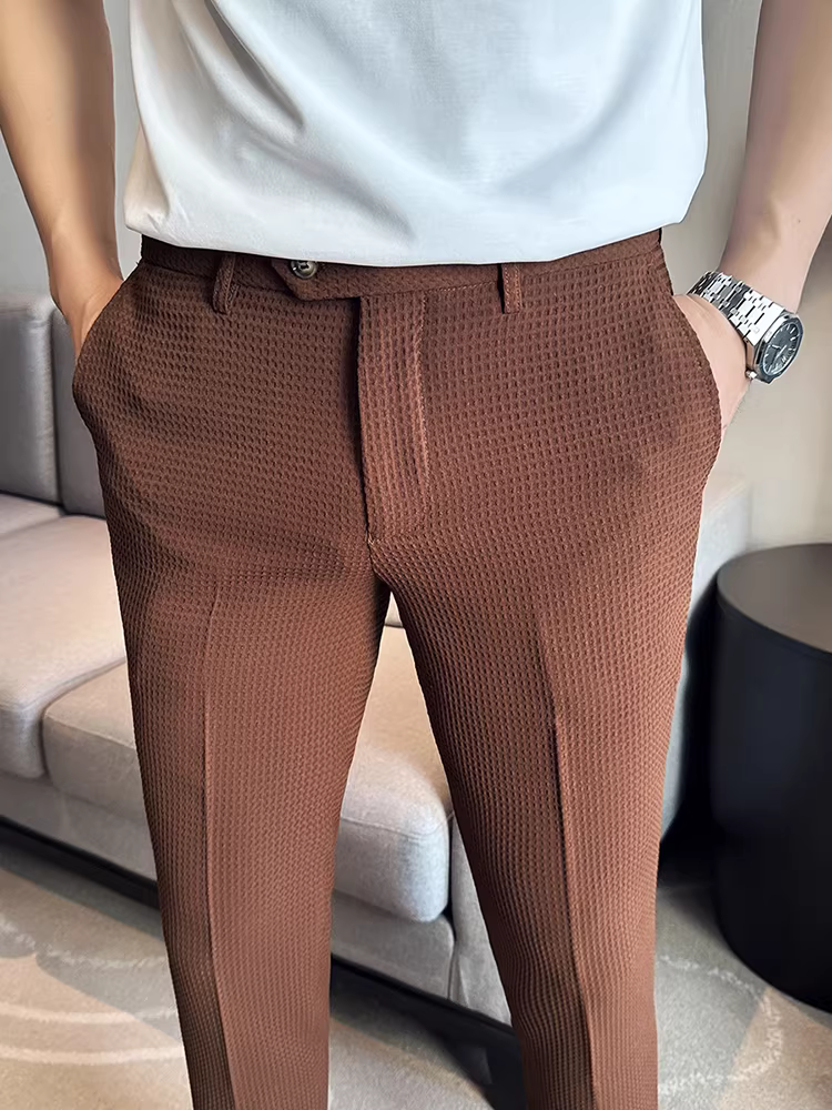 Quần âu nam chất liệu vải waffle, kiểu dáng ngắn, mùa hè mỏng nhẹ, quần âu cao cấp, ôm dáng, kiểu dáng thon gọn, quần âu công sở 9 phần.