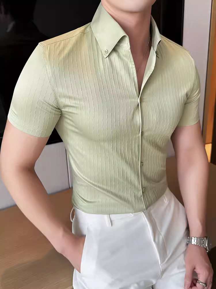 Áo sơ mi nam cổ chữ V tay ngắn sọc ba chiều, áo sơ mi mỏng mùa hè, phong cách công sở đa năng, thời trang cao cấp, kiểu dáng ôm sát