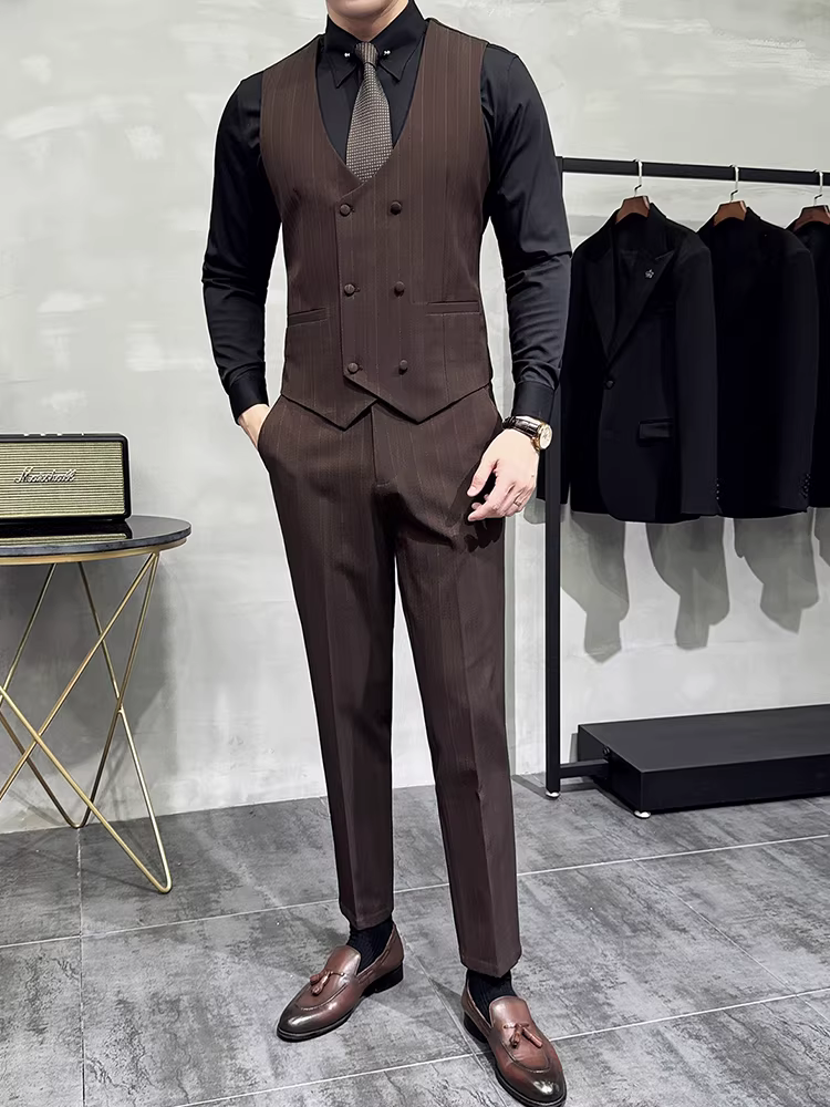 Bộ vest sọc hai hàng khuy dành cho nam, vest công sở chuyên nghiệp cao cấp, vest phù rể dáng ôm và lịch lãm, bộ hai mảnh