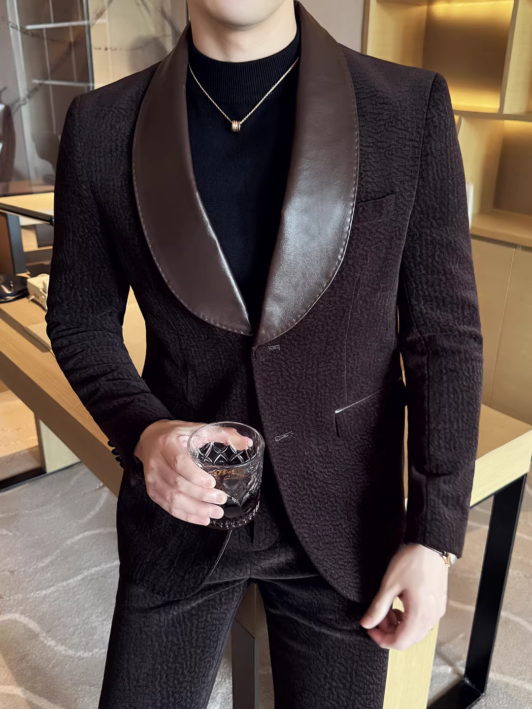 Bộ vest nam phối da màu xanh lá, kiểu dáng mới thu đông, dành cho dạ hội, công sở, kiểu dáng ôm sát, gồm hai mảnh