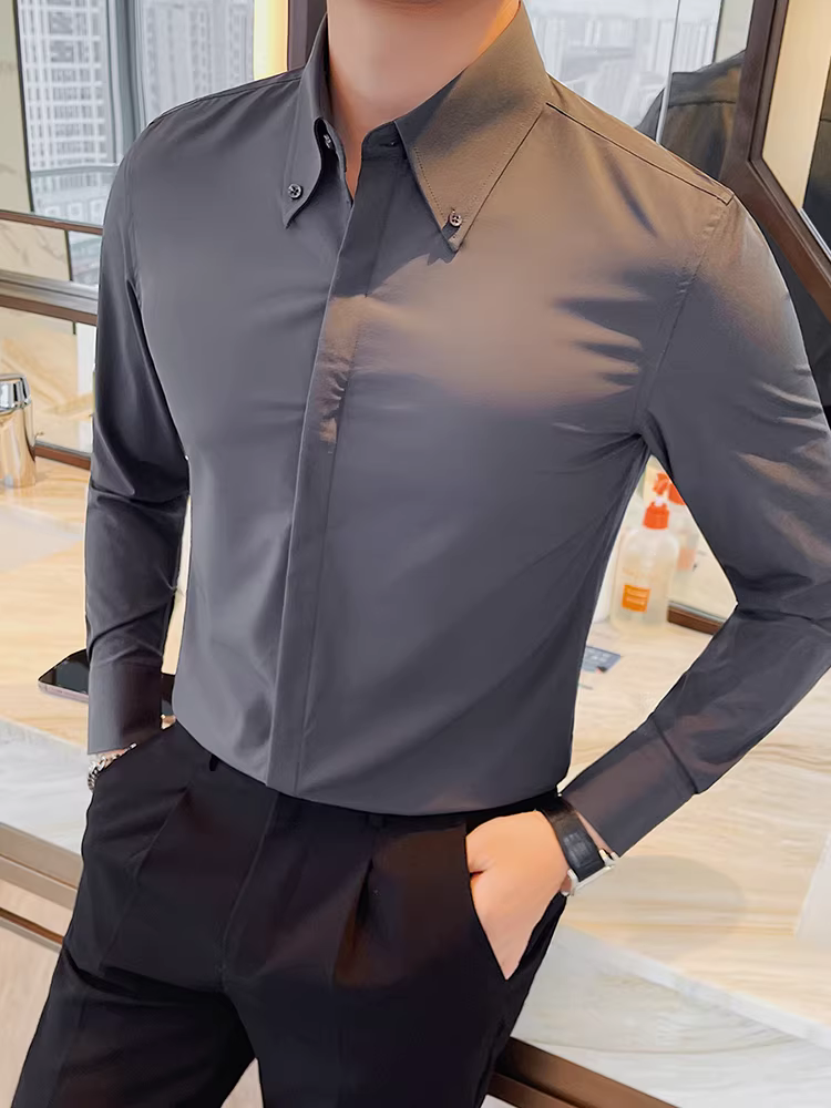 Áo sơ mi nam cổ nhọn kiểu Pháp, dài tay, mùa thu đông, lót lông cừu, dày dặn, ấm áp, áo sơ mi trắng trang trọng, lịch sự, thích hợp cho công việc.