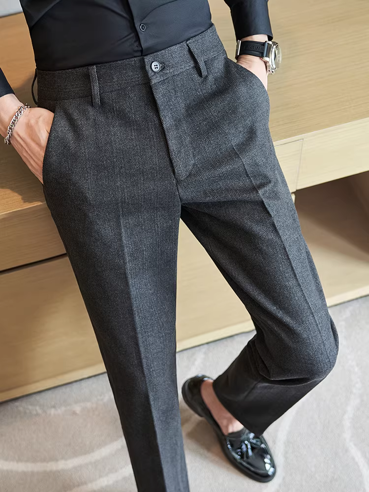 Quần âu nam chất liệu len, kiểu dáng dày dặn mùa thu đông, kiểu dáng ôm body thời trang, quần âu cao cấp đa năng, thích hợp cho công việc.