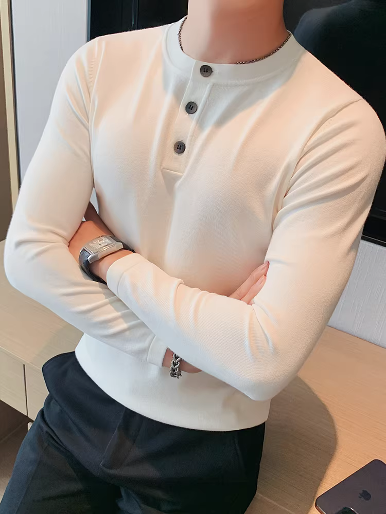 Áo polo dệt kim nam, tay dài, kiểu mới thu đông 2024, cao cấp, lịch lãm, ôm dáng, cổ tròn, áo lót.