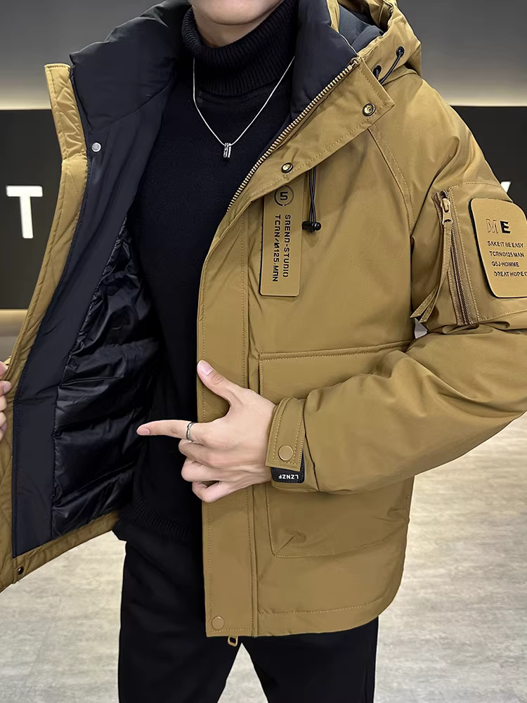 Áo khoác nam dày dặn giữ ấm mùa đông, mẫu mới 2025, thương hiệu thời thượng, kiểu dáng thời trang và lịch lãm, áo khoác công sở có mũ.