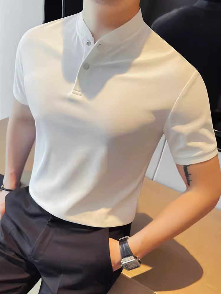 Áo sơ mi polo cổ đứng ngắn tay kiểu Trung Quốc mới dành cho nam, áo thun cổ trụ dáng ôm thời trang cao cấp phong cách Hàn Quốc mới mùa hè