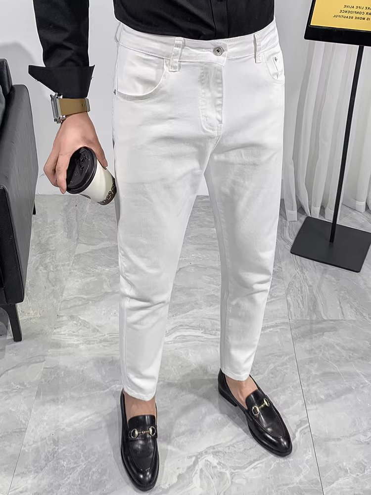 Quần jean nam ống lửng, chất lượng cao, thời trang, hợp xu hướng, phong cách thường ngày, đa năng, màu trơn, phong cách trưởng thành, co giãn, ôm dáng, quần trắng