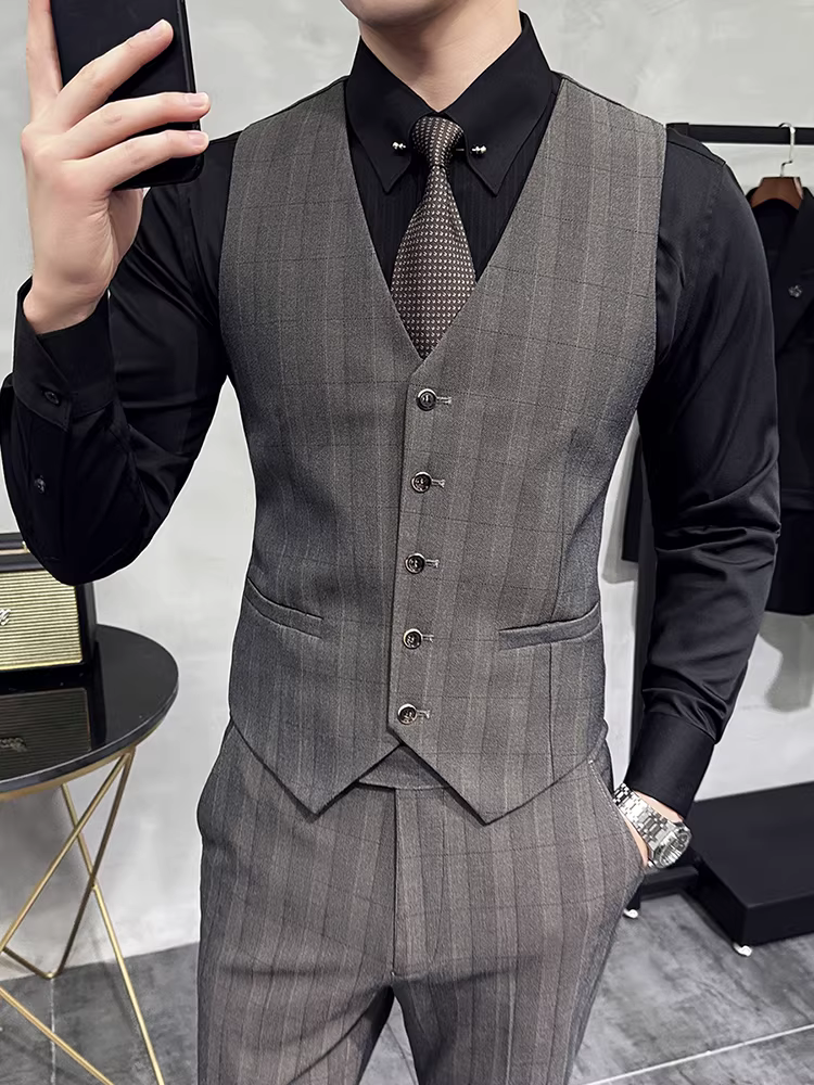 Bộ vest kẻ sọc nhuộm sợi dành cho nam, phong cách Anh quốc, lịch sự nhưng năng động, kiểu dáng ôm body, bộ vest hai mảnh dành cho đám cưới, phù rể