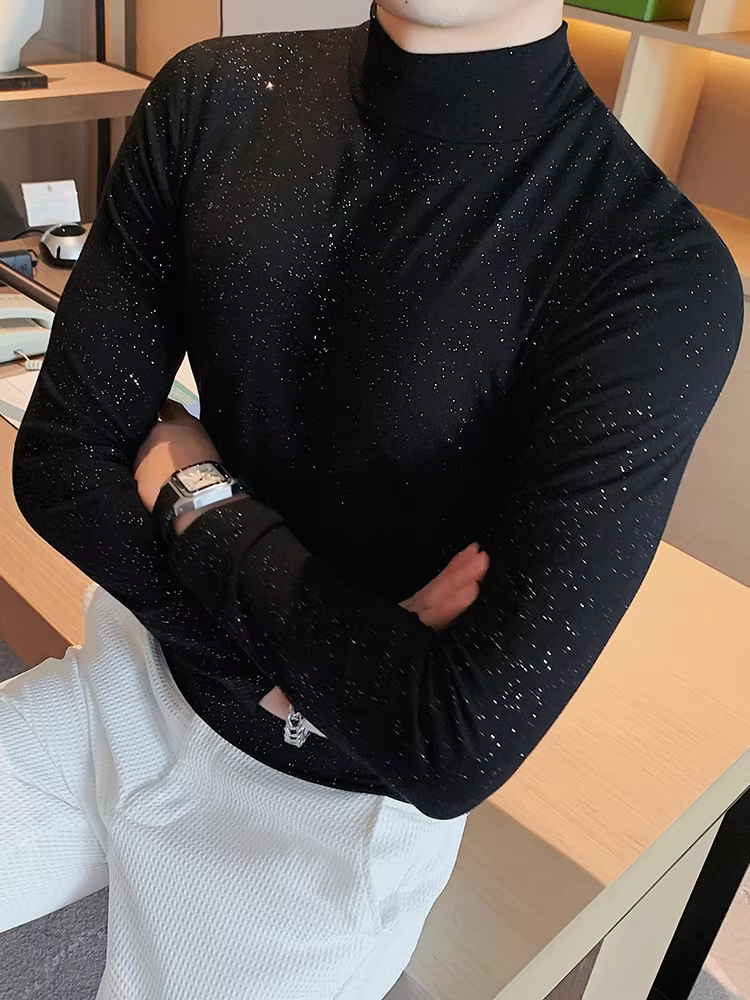 Áo thun dài tay cổ cao dành cho nam, cảm giác cao cấp, ôm vừa vặn, áo sơ mi cổ trung, áo mặc bên trong mùa xuân thu mới.