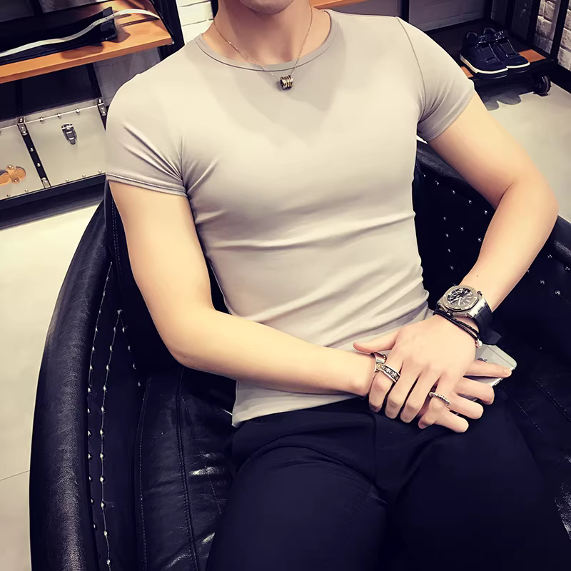 Áo thun nam ngắn tay bó sát, kiểu dáng mùa hè mới, chất liệu cotton mỏng mát như băng, áo thun cao cấp ôm sát chất liệu lụa đá.