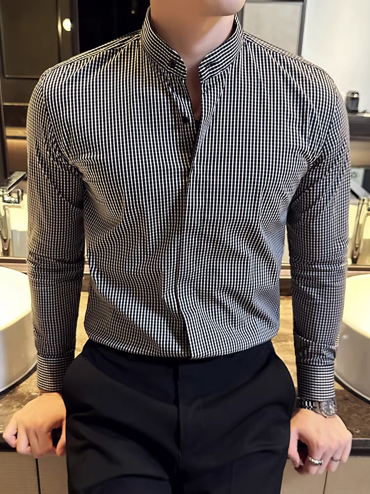 Áo sơ mi kẻ sọc cao cấp dành cho nam, dài tay, phong cách công sở giản dị, đa năng, thời trang, phong cách Anh, dáng ôm, áo sơ mi nam ẩn nút đẹp trai