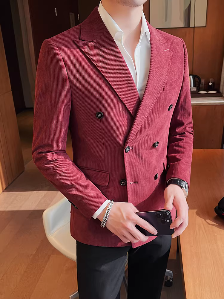 Áo blazer nam chất liệu corduroy, cài khuy đôi, cao cấp, hợp thời trang, dáng ôm, kiểu dáng sọc thời trang, phong cách công sở lịch sự.