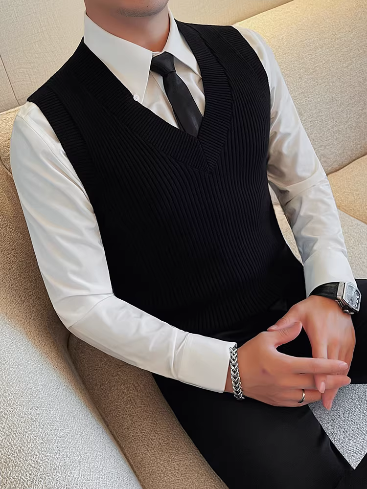 Áo vest dệt kim cổ chữ V phong cách Anh cho nam giới trong mùa thu đông, kiểu dáng mới, phong cách kinh doanh cao cấp, áo len bên trong vừa vặn