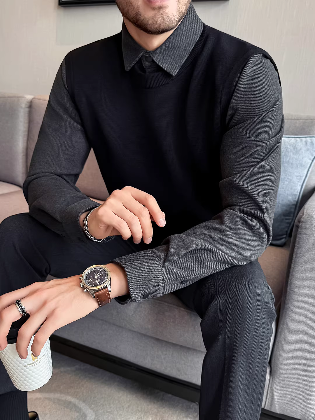 Áo len dày có cổ nối, áo len giả hai mảnh dành cho nam, áo sơ mi dệt kim dài tay mùa thu đông mới dành cho doanh nhân thường ngày