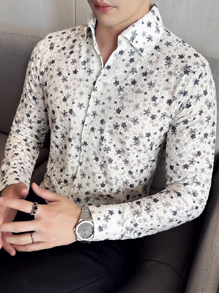 Áo sơ mi nam cổ V ren hoa rỗng, tay dài, kiểu dáng ôm body thời trang trẻ trung, xu hướng mới mùa thu 2024