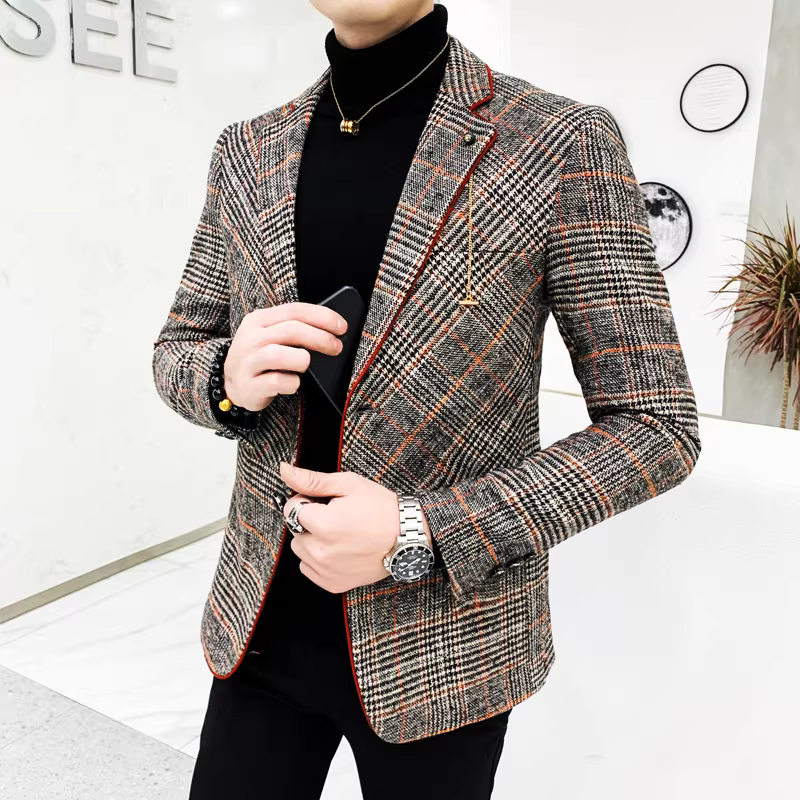 Áo khoác len Houndstooth dành cho nam, phong cách thu đông, phiên bản Hàn Quốc, dáng ôm, áo khoác vest thương hiệu hợp thời trang, áo khoác đơn hàng nút phong cách Anh quốc.