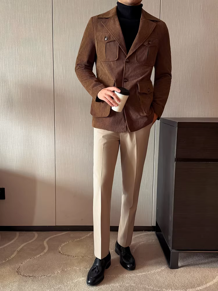 Áo khoác săn bắn bằng vải gân kiểu tiền cổ Anh dành cho nam, dài trung bình, kiểu dáng thu đông mới, dáng rộng, đa năng và thời trang.