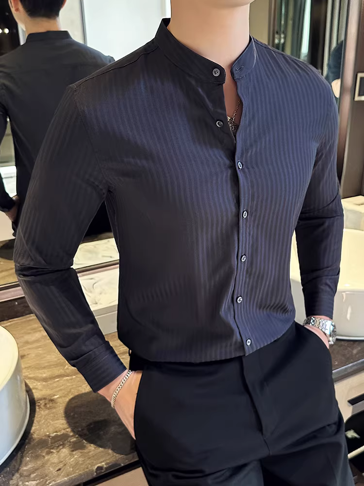 Áo sơ mi nam cổ đứng sọc tối màu, dài tay, phong cách công sở giản dị, đa năng, thời trang, ôm dáng, phong cách Anh, áo cổ tròn cao cấp