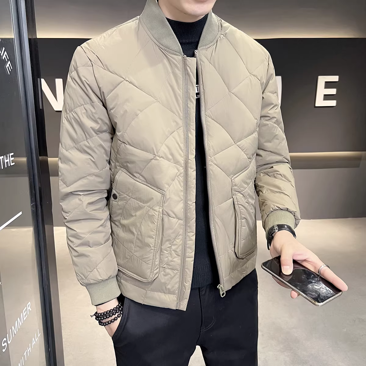 Áo khoác nhẹ kiểu cổ bóng chày dành cho nam 2025, thời trang cao cấp mùa đông mới, kiểu dáng thời trang, thanh lịch, ngắn, ôm dáng