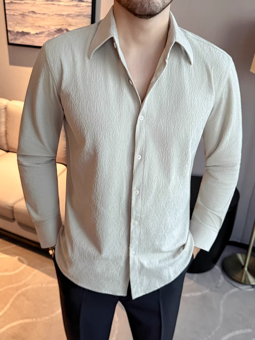 Áo sơ mi nam cổ trụ kiểu Pháp, tay dài, chất liệu jacquard cao cấp kẻ ô vuông hình thoi, màu trắng