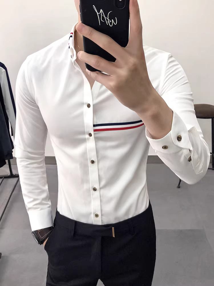 Áo sơ mi trắng dài tay nam mùa xuân thu, kiểu dáng thời trang, ôm dáng, phong cách Hàn Quốc, trang phục công sở lịch sự, quần áo đi làm