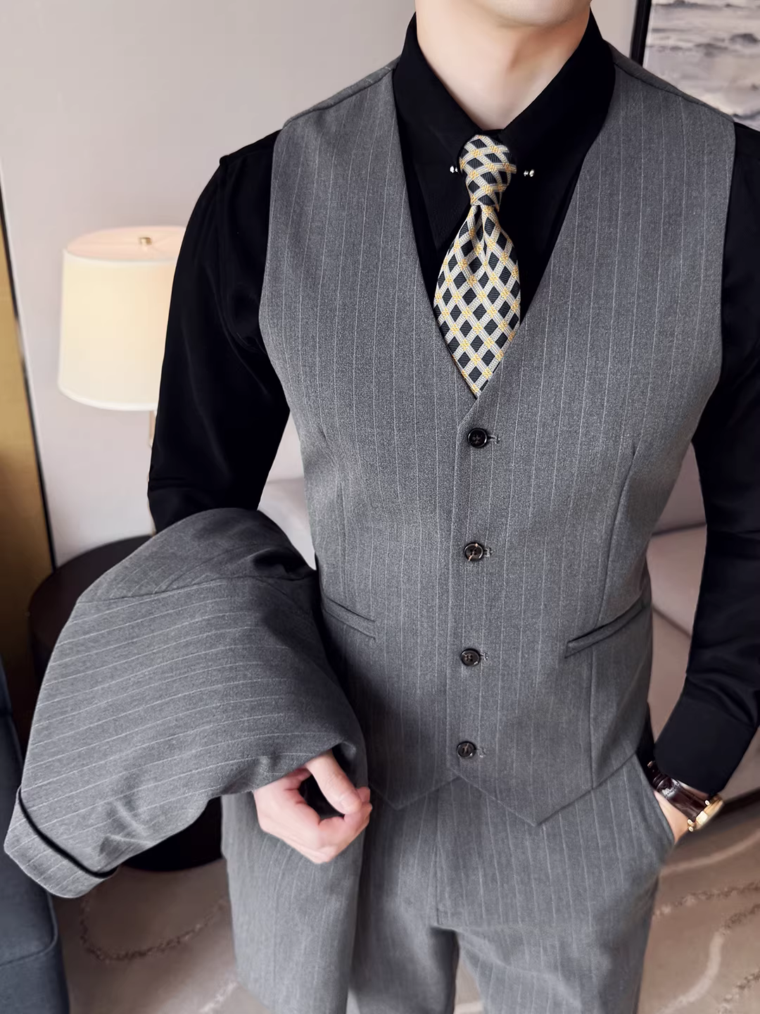 Bộ vest kẻ sọc dành cho nam, vest công sở cao cấp, kiểu dáng ôm body thời thượng, vest đa năng và quần âu hai mảnh