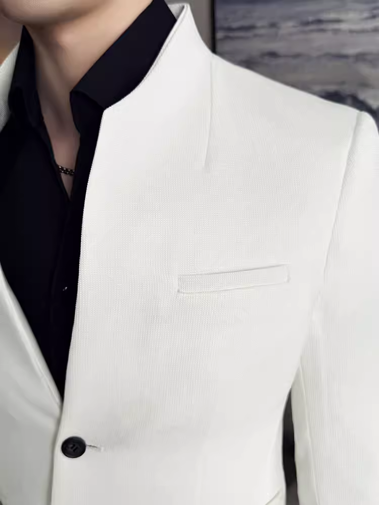 Áo blazer nam chất liệu vải waffle kiểu dáng cổ đứng phong cách Trung Hoa mới, áo vest công sở cao cấp, đa năng, kiểu dáng ôm body.