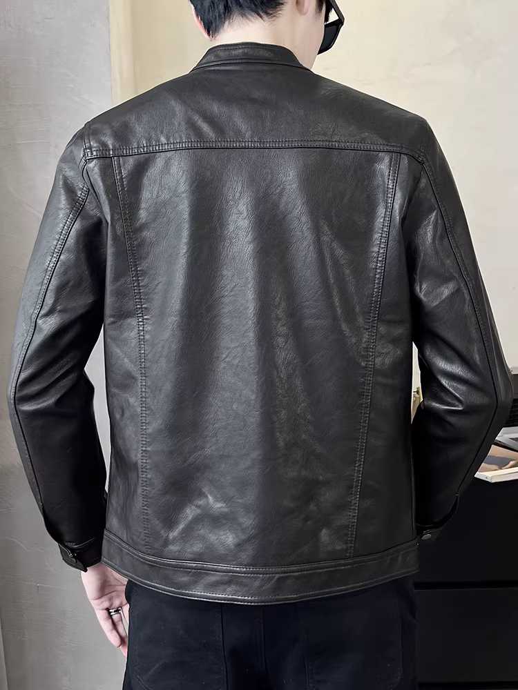 Áo khoác da cổ đứng dành cho nam, kiểu dáng xuân thu mới, cao cấp, sành điệu, ngắn, áo khoác da biker nam dáng ôm vừa vặn