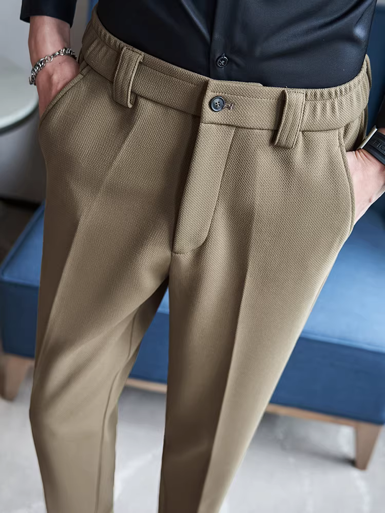 Quần len nam, quần âu dày dặn mặc thường ngày cho mùa thu đông, lưng thun, cảm giác cao cấp, quần âu ống đứng dáng rộng chất liệu mềm mại