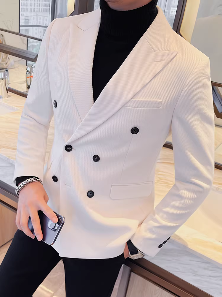 Áo khoác vest nam hai hàng khuy, kiểu dày mùa thu đông, phong cách công sở lịch sự, cao cấp, thời trang, kiểu dáng ôm sát.