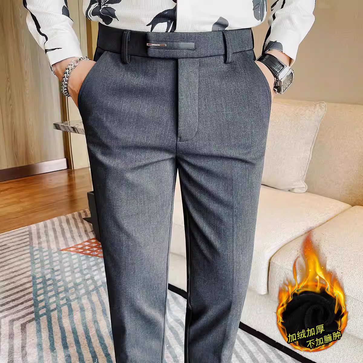 Quần âu nam lót lông cừu cho mùa thu đông, dày dặn, cao cấp, thời trang, hợp xu hướng, phong cách công sở giản dị, đa năng, ôm dáng, kiểu dáng thon gọn.