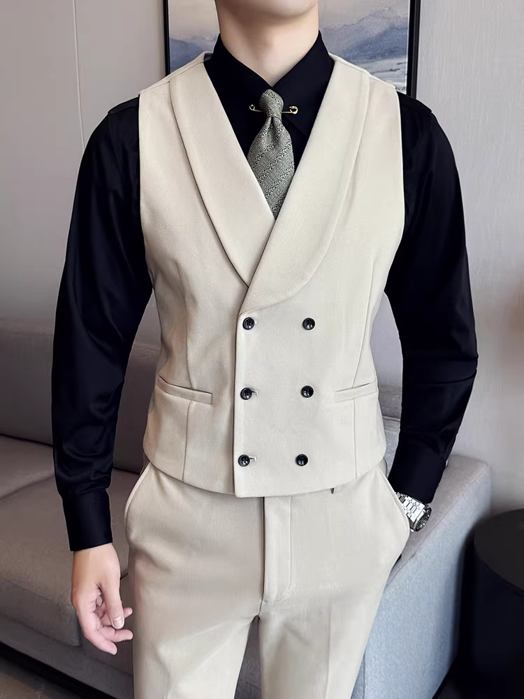 Áo vest len nam hai hàng khuy mùa thu đông, vest công sở lịch lãm đa năng, kiểu dáng ôm body thời thượng, vest phù rể